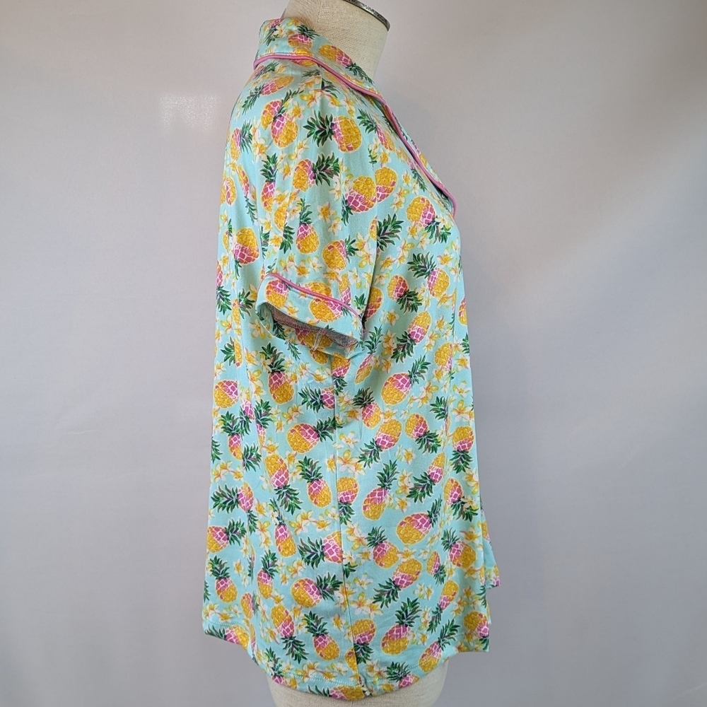 Pillow Talk Tropical Pineapple Print PJ Set Short Sleeve Top Pants Aqua M NWT - Picture 8 of 12